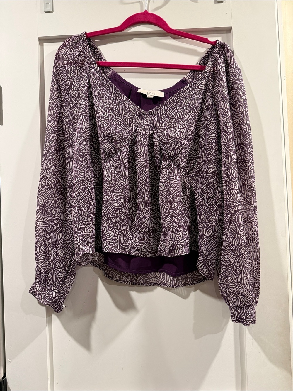 LOFT Purple Paisley V-Neck Peasant Top
